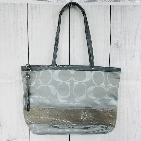 Coach gray signature stripe canvas leather tote shoulder bag purse F1126-F18365 - Picture 5 of 14